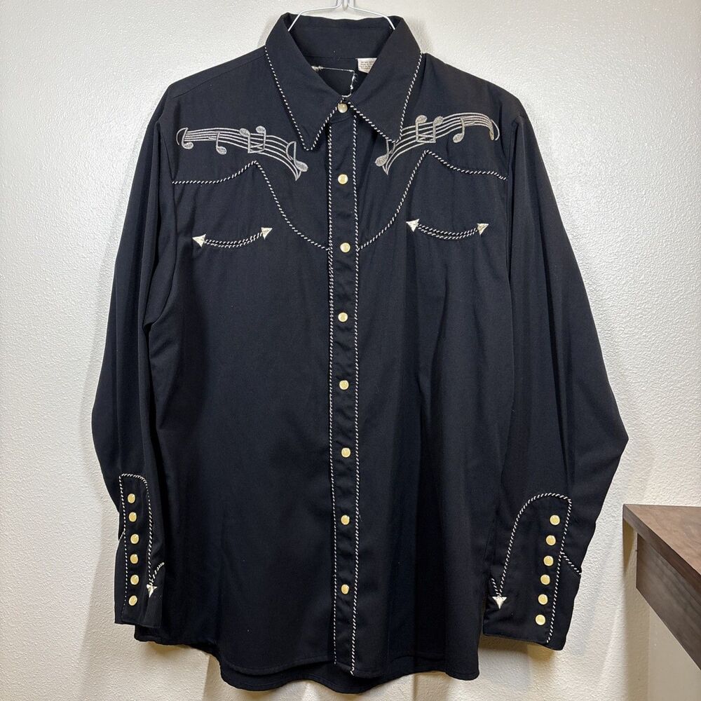Scully Western Shirt Size Large Black/Gold Bronze Embroidered Musical  Button Up